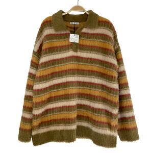 ZARA Fuzzy Striped Polo Sweater Men XL Retro 90s Cozy Knit Olive Green NWT